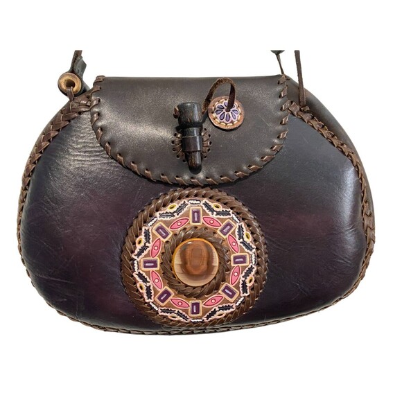 Miguel Rios La Luna Loca Handmade Leather Bag with Mandala Stone Mexico EUC - Picture 4 of 12